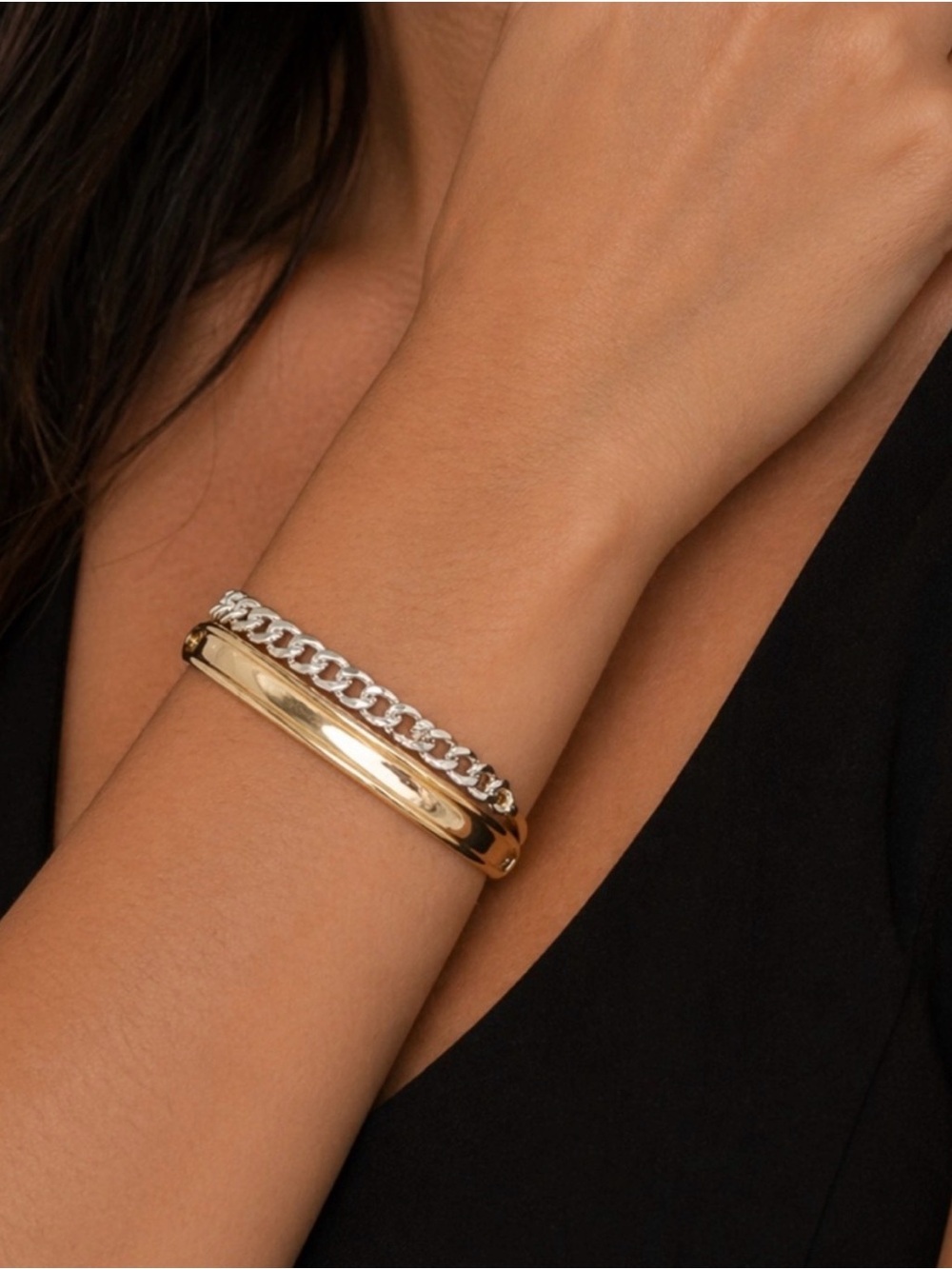 NWOT Gold Tone Cuff Bracelet w/ Silver Chain Link Accent Statement Size 7